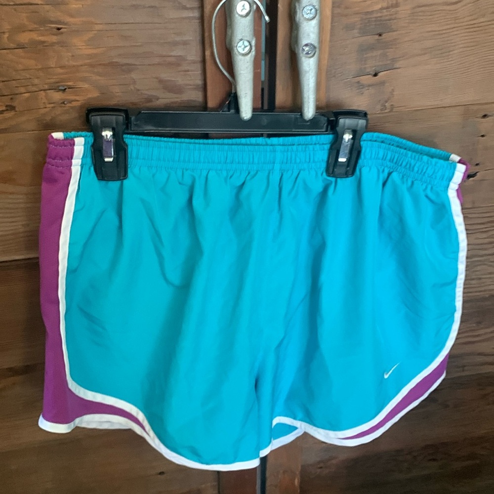 Nike women’s XL athletics/gymnastics/tumbling shorts aqua blue & purple Dri-Fit